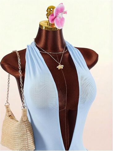 Verdusa Women's Deep V Neck Halter Bodycon Dresses Mesh Asymmetrical Mini Dress Birthday Outfits in Kuwait