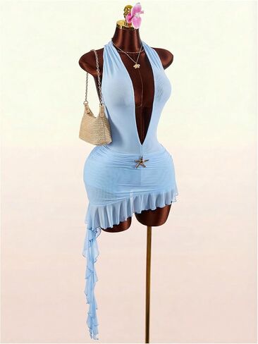 Verdusa Women's Deep V Neck Halter Bodycon Dresses Mesh Asymmetrical Mini Dress Birthday Outfits in Kuwait