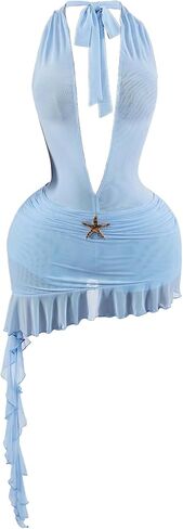 Verdusa Women's Deep V Neck Halter Bodycon Dresses Mesh Asymmetrical Mini Dress Birthday Outfits in Kuwait