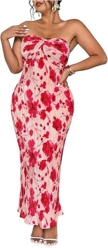 OYOANGLE Women's Plus Size Floral Strapless Dress Sleeveless Pleated Ruched Bodycon Maxi Dresses in Kuwait