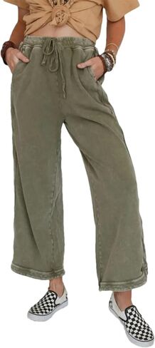 Womens Elastic Drawstring Waist Wide Leg Sweatpants Acid Wash Streetwear Joggers Athletic Lounge Trousers Pants in Saudi Arabia