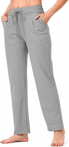 ALWAYS Women's Straight Leg Drawstring Pants, Smocked High Waist Slacks Trousers with Pockets in Saudi Arabia