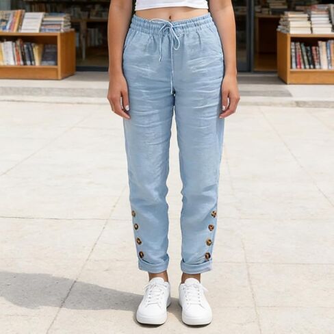 Women's Cotton Linen Blend Straight Leg Pants Elastic Waist Button Fly Casual S-5XL in Kuwait