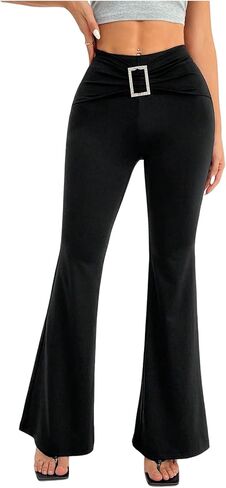 SHENHE Women's High Waisted Flare Pants Buckle Decor Ruched Bell Bottom Trousers in Kuwait