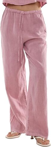 Amazhiyu Women's 100% Planted Dyed Linen Drawstring Wide Leg Pants with Pockets in Kuwait