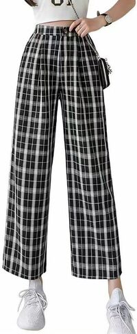 Spring Summer Women's High Waisted Black White Plaid Wide Leg Pants Casual Loose Fit Trousers in Saudi Arabia