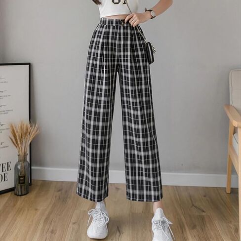 Spring Summer Women's High Waisted Black White Plaid Wide Leg Pants Casual Loose Fit Trousers in Saudi Arabia