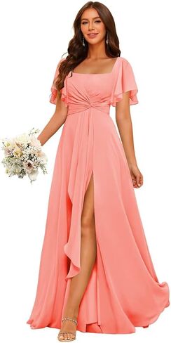 Short Sleeves Chiffon Bridesmaid Dress with Pocket Pleated Aline Formal Evening Dresses with Slit ZU012 in Saudi Arabia