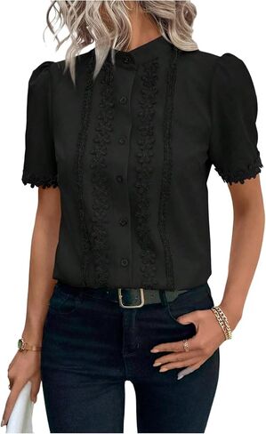 GORGLITTER Women's Floral Puff Sleeve Eyelet Blouse Embroidered Mock Neck Short Sleeve Button Down Shirts 2026 Dressy Tops in Kuwait