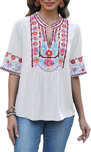 LauraKlein Mexican Embroidered Tops for Women Short Sleeve Boho Peasant Blouse V-Neck Floral Summer Hippie Clothes in Saudi Arabia