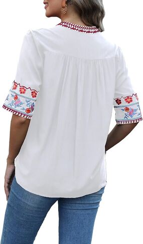 LauraKlein Mexican Embroidered Tops for Women Short Sleeve Boho Peasant Blouse V-Neck Floral Summer Hippie Clothes in Saudi Arabia
