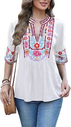 LauraKlein Mexican Embroidered Tops for Women Short Sleeve Boho Peasant Blouse V-Neck Floral Summer Hippie Clothes in Saudi Arabia