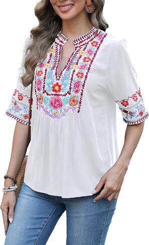 LauraKlein Mexican Embroidered Tops for Women Short Sleeve Boho Peasant Blouse V-Neck Floral Summer Hippie Clothes in Saudi Arabia