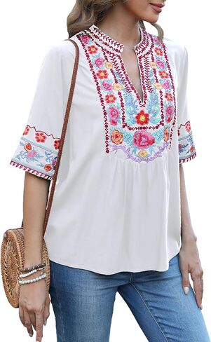 LauraKlein Mexican Embroidered Tops for Women Short Sleeve Boho Peasant Blouse V-Neck Floral Summer Hippie Clothes in Saudi Arabia