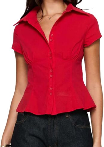 Women Gingham Top Short Sleeve Button Up V Neck Plaid Shirt Y2K Fairy Grunge Coquette Shirt in Saudi Arabia