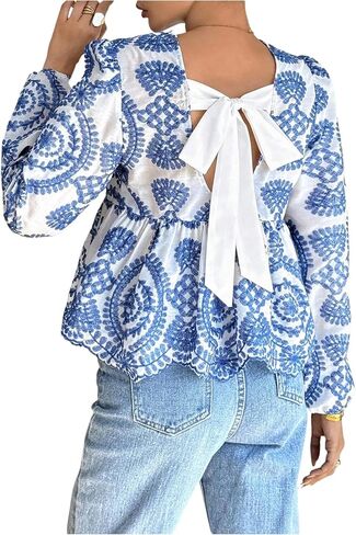 WDIRARA Women's Boho Print Blouse Long Bishop Sleeve Tie Back Ruffle Babydoll Top Shirts in Kuwait