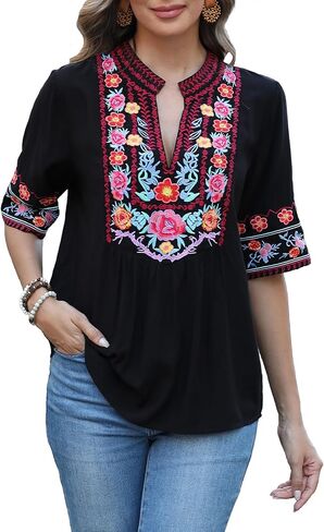 LauraKlein Mexican Embroidered Tops for Women Short Sleeve Boho Peasant Blouse V-Neck Floral Summer Hippie Clothes in Saudi Arabia
