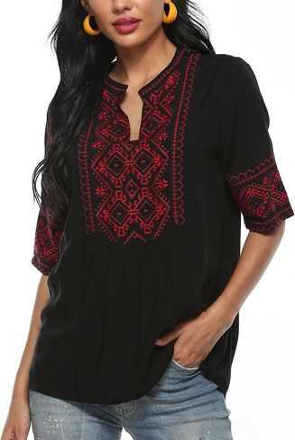 LauraKlein Mexican Embroidered Tops for Women Short Sleeve Boho Peasant Blouse V-Neck Floral Summer Hippie Clothes in Saudi Arabia