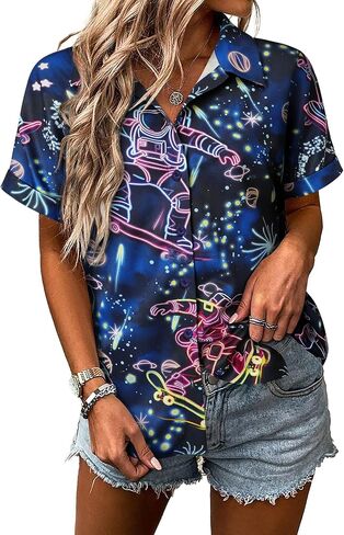 Ezcosplay Women Button Down Space Shirt Funny Astronaut Graphic T Shirts Astronomy Planet Galaxy Outfit Tee Blouse in Saudi Arabia