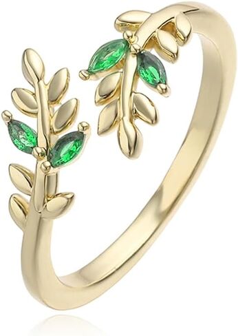 NewZenro Olive Leaf Green Cubic Zirconia Open Wrap Adjustable Finger Ring for Women Dainty Crystal Branch Leaves Band Statement Ring Comfort Fit Fashion Trendy Jewelry for Bff Her in Kuwait