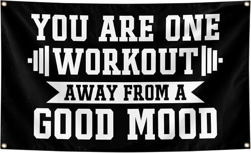 You Are One Workout Away From A Good Mood Tapestry 3x5 FT - Motivational Gym Banner with Brass Grommets, Black Inspirational Quote Flag for Home Gym, Bedroom, Office, Fitness Room Wall Decor Funny Workout Gift in Kuwait