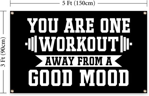 You Are One Workout Away From A Good Mood Tapestry 3x5 FT - Motivational Gym Banner with Brass Grommets, Black Inspirational Quote Flag for Home Gym, Bedroom, Office, Fitness Room Wall Decor Funny Workout Gift in Kuwait