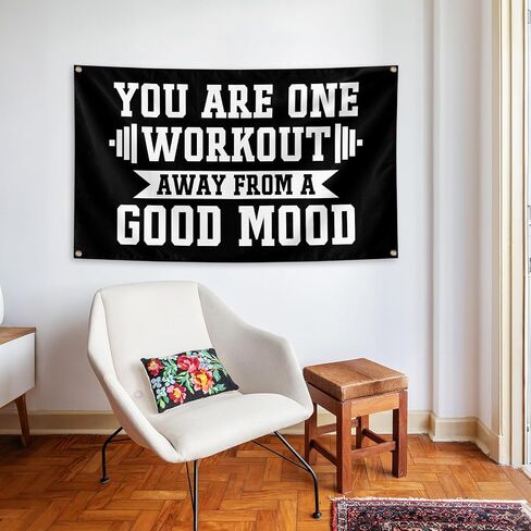 You Are One Workout Away From A Good Mood Tapestry 3x5 FT - Motivational Gym Banner with Brass Grommets, Black Inspirational Quote Flag for Home Gym, Bedroom, Office, Fitness Room Wall Decor Funny Workout Gift in Kuwait