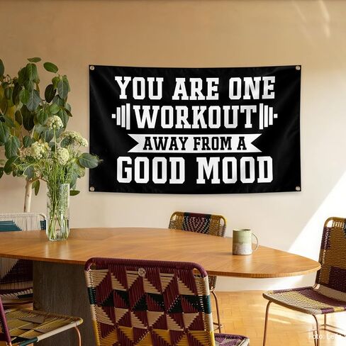You Are One Workout Away From A Good Mood Tapestry 3x5 FT - Motivational Gym Banner with Brass Grommets, Black Inspirational Quote Flag for Home Gym, Bedroom, Office, Fitness Room Wall Decor Funny Workout Gift in Kuwait