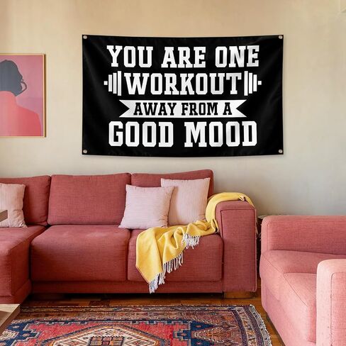 You Are One Workout Away From A Good Mood Tapestry 3x5 FT - Motivational Gym Banner with Brass Grommets, Black Inspirational Quote Flag for Home Gym, Bedroom, Office, Fitness Room Wall Decor Funny Workout Gift in Kuwait