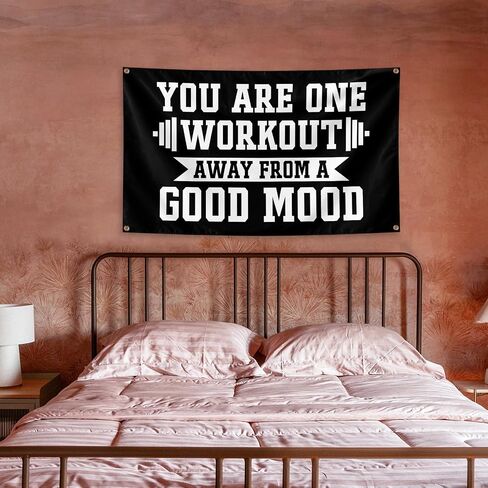 You Are One Workout Away From A Good Mood Tapestry 3x5 FT - Motivational Gym Banner with Brass Grommets, Black Inspirational Quote Flag for Home Gym, Bedroom, Office, Fitness Room Wall Decor Funny Workout Gift in Kuwait