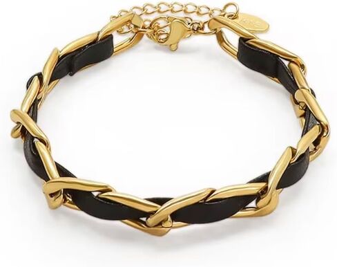 Elegant 18K Yellow Gold-Plated Stainless Steel Chain Bracelet with Black Leather Weave, Fashion Jewelry for Women, 6-Inch Length with a 2-Inch Extension, Tarnish Resistant in Saudi Arabia