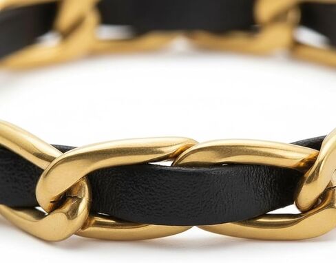 Elegant 18K Yellow Gold-Plated Stainless Steel Chain Bracelet with Black Leather Weave, Fashion Jewelry for Women, 6-Inch Length with a 2-Inch Extension, Tarnish Resistant in Saudi Arabia