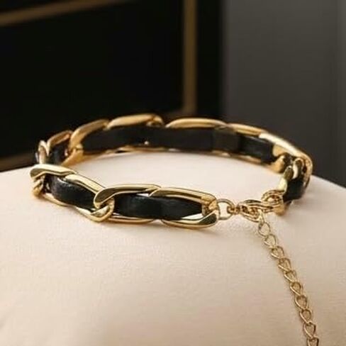 Elegant 18K Yellow Gold-Plated Stainless Steel Chain Bracelet with Black Leather Weave, Fashion Jewelry for Women, 6-Inch Length with a 2-Inch Extension, Tarnish Resistant in Saudi Arabia