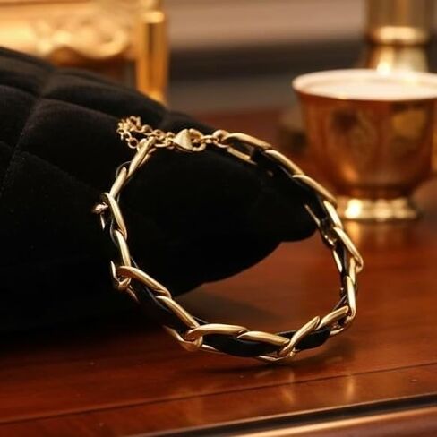 Elegant 18K Yellow Gold-Plated Stainless Steel Chain Bracelet with Black Leather Weave, Fashion Jewelry for Women, 6-Inch Length with a 2-Inch Extension, Tarnish Resistant in Saudi Arabia