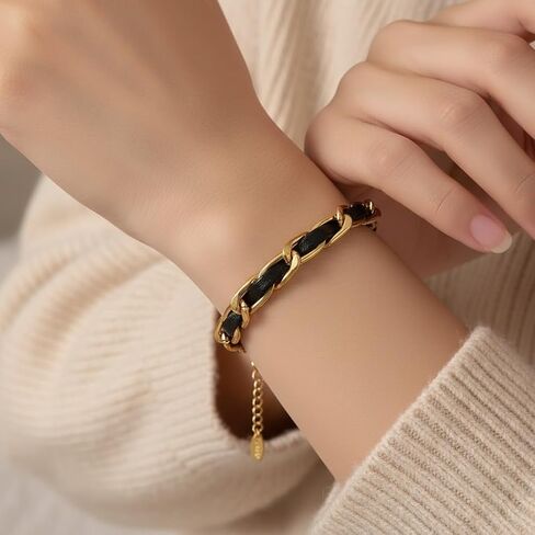 Elegant 18K Yellow Gold-Plated Stainless Steel Chain Bracelet with Black Leather Weave, Fashion Jewelry for Women, 6-Inch Length with a 2-Inch Extension, Tarnish Resistant in Saudi Arabia