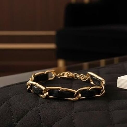 Elegant 18K Yellow Gold-Plated Stainless Steel Chain Bracelet with Black Leather Weave, Fashion Jewelry for Women, 6-Inch Length with a 2-Inch Extension, Tarnish Resistant in Saudi Arabia