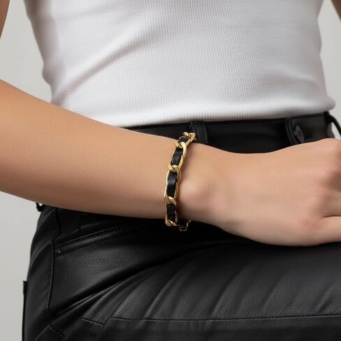 Elegant 18K Yellow Gold-Plated Stainless Steel Chain Bracelet with Black Leather Weave, Fashion Jewelry for Women, 6-Inch Length with a 2-Inch Extension, Tarnish Resistant in Saudi Arabia
