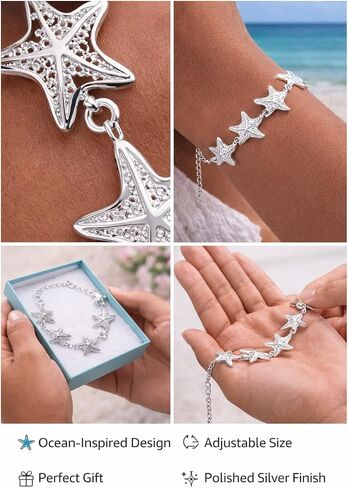 Silver Plated Starfish Bracelet for Women – Ocean-Inspired Beach Jewelry with Adjustable Chain, Nautical Star Bracelet Gift in Saudi Arabia