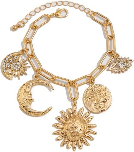 Gold Charm Link Bracelet Bohemian Sun Moon Devil's Eye Bracelet Unique Irregular Spiral Sun Link Vintage Rhinestone Crescent Devil's Eye Chain Adjustable Paperclip Statement Bracelets Jewelry for Women in Saudi Arabia