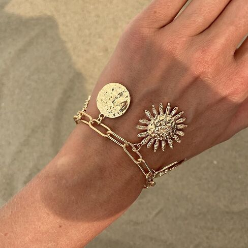 Gold Charm Link Bracelet Bohemian Sun Moon Devil's Eye Bracelet Unique Irregular Spiral Sun Link Vintage Rhinestone Crescent Devil's Eye Chain Adjustable Paperclip Statement Bracelets Jewelry for Women in Saudi Arabia
