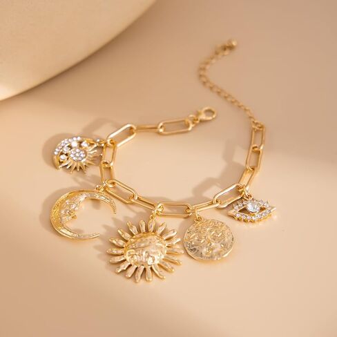 Gold Charm Link Bracelet Bohemian Sun Moon Devil's Eye Bracelet Unique Irregular Spiral Sun Link Vintage Rhinestone Crescent Devil's Eye Chain Adjustable Paperclip Statement Bracelets Jewelry for Women in Saudi Arabia