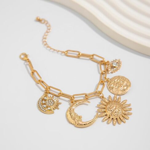 Gold Charm Link Bracelet Bohemian Sun Moon Devil's Eye Bracelet Unique Irregular Spiral Sun Link Vintage Rhinestone Crescent Devil's Eye Chain Adjustable Paperclip Statement Bracelets Jewelry for Women in Saudi Arabia