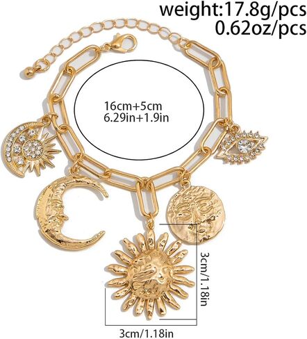 Gold Charm Link Bracelet Bohemian Sun Moon Devil's Eye Bracelet Unique Irregular Spiral Sun Link Vintage Rhinestone Crescent Devil's Eye Chain Adjustable Paperclip Statement Bracelets Jewelry for Women in Saudi Arabia
