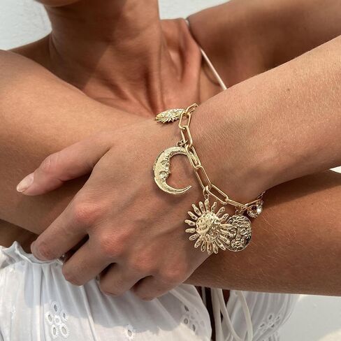 Gold Charm Link Bracelet Bohemian Sun Moon Devil's Eye Bracelet Unique Irregular Spiral Sun Link Vintage Rhinestone Crescent Devil's Eye Chain Adjustable Paperclip Statement Bracelets Jewelry for Women in Saudi Arabia