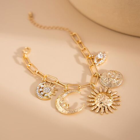 Gold Charm Link Bracelet Bohemian Sun Moon Devil's Eye Bracelet Unique Irregular Spiral Sun Link Vintage Rhinestone Crescent Devil's Eye Chain Adjustable Paperclip Statement Bracelets Jewelry for Women in Saudi Arabia