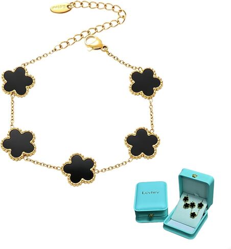 Five Leaf Clover Chain Bracelet for Women, Lucky Titanium Steel Bracelet with Simulated Shell Pendant, Minimalist Fashion Stainless Steel Clover Bracelet, Gift Box, Multiple Colors in Kuwait