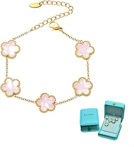 Five Leaf Clover Chain Bracelet for Women, Lucky Titanium Steel Bracelet with Simulated Shell Pendant, Minimalist Fashion Stainless Steel Clover Bracelet, Gift Box, Multiple Colors in Kuwait