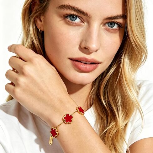 Five Leaf Clover Chain Bracelet for Women, Lucky Titanium Steel Bracelet with Simulated Shell Pendant, Minimalist Fashion Stainless Steel Clover Bracelet, Gift Box, Multiple Colors in Kuwait
