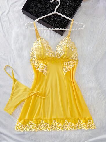 2-piece floral lace sexy pajama set, V-neck semi transparent bow pajama and thong in Kuwait