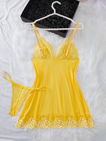 2-piece floral lace sexy pajama set, V-neck semi transparent bow pajama and thong in Kuwait